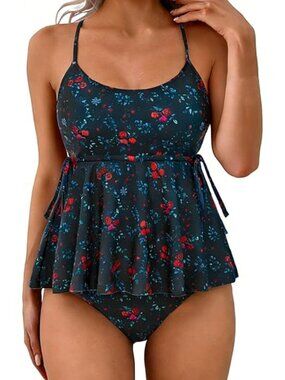 Two Piece Tankini for Women Tummy Control Bathing Suit, Black Floral Print